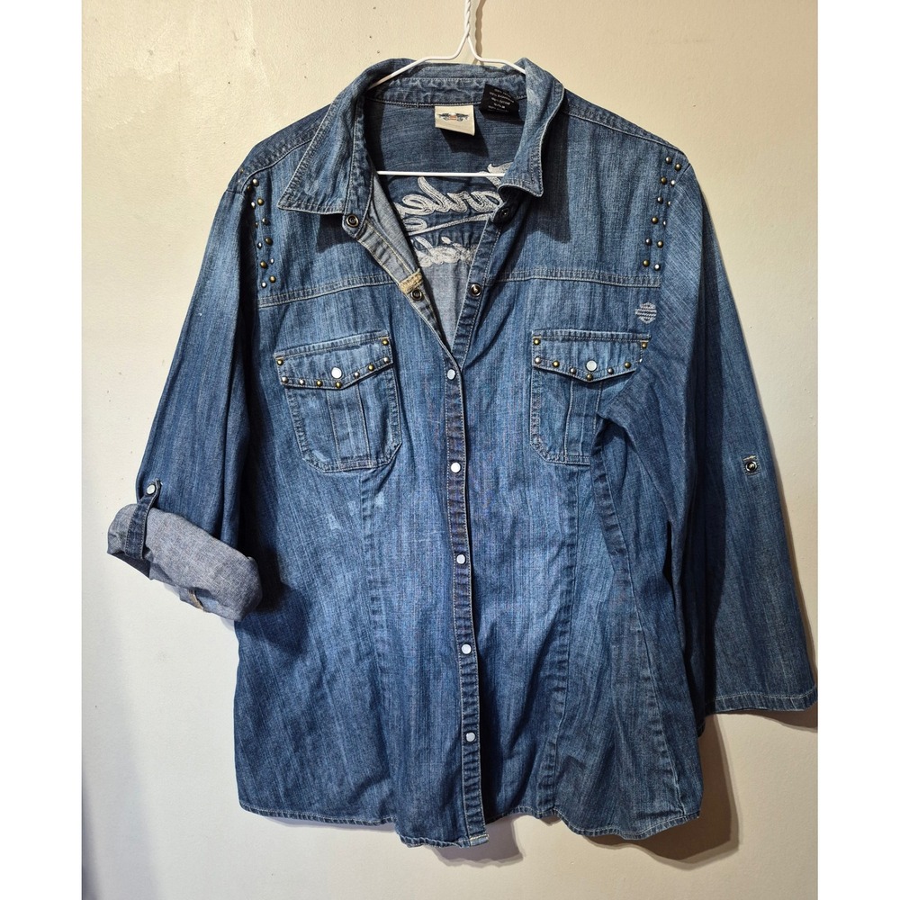 Harley Davidson Womens 2XL Denim Shirt Studded Embroidered Snap Front Blue